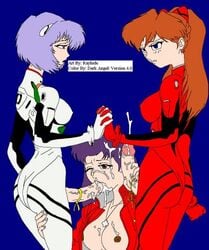 1girls 2futas age_difference asuka_langley_sohryu blue_hair bodysuit breasts clothing cum cum_in_mouth cum_on_breasts cum_on_face cum_on_hair erect_nipples erect_nipples_under_clothes futa_on_female futanari gainax handjob human intersex large_breasts light-skinned_futanari light_skin long_hair lowres medium_breasts misato_katsuragi neon_genesis_evangelion oral_sex orange_hair pilot_suit plugsuit purple_hair raylude rei_ayanami short_hair threesome uncensored