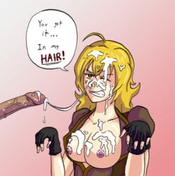 1boy 1girls angry angry_facial blonde_hair breasts cum cum_in_hair cum_on_breasts cum_on_closed_eye cum_on_face cum_on_hair faceless_male facial female hair long_blonde_hair long_hair nipples penis red_eyes rooster_teeth rwby tagme yang_xiao_long