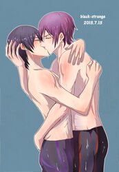 2boys black-strange black_hair blue_background blush clenched_hand closed_eyes couple dated duo eyebrows_visible_through_hair free! from_side gay hair_between_eyes head_grab hug human human_only kissing male male_only multiple_boys multiple_males nanase_haruka_(free!) neck passionate purple_hair rin_matsuoka romantic short_hair simple_background standing swimsuit wet wet_hair yaoi