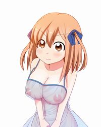 2013 amazon_(taitaitaira) ascii_media_works blush breasts brown_eyes brown_hair camisole clothes dengeki_daioh hair hataraku_maou-sama! huge_breasts navel nipples sasaki_chiho see-through sheer tied_hair twintails white_fox_(studio)