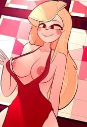 arkeus blonde_hair blush breasts casual charlie_morningstar_(hazbin_hotel) dress female female_protagonist hazbin_hotel nipples pale_skin red_lipstick straight_hair vivienne_medrano