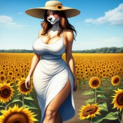 1girls ai_generated anthro beautiful_background big_breasts blush brown_hair cleavage curvy dog_girl female furry hat looking_at_viewer scenery side_slit slender solo solo_female suggestive summer_dress sun_hat sunflower thick_thighs wide_hips