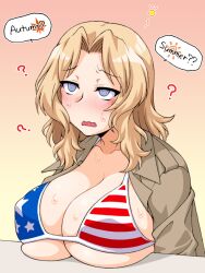 1girls ? american_flag_bikini bikini blonde_hair blue_eyes blush breasts breasts_on_table cleavage clothes collarbone female girls_und_panzer gradient_background jacket kay_(girls_und_panzer) large_breasts long_hair military_jacket oosaka_kanagawa open_clothes open_clothing open_coat open_mouth orange_background simple_background solo spiral_eyes sweat upper_body yellow_background