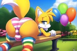 1boy ai_generated anthro ass balloon bench bent_over big_ass big_butt blonde_hair blue_eyes bulge bulge_through_clothing canine canis collar crop_top dipstick_tail femboy feminine_male feminine_tails fluffy_tail fox girly looking_at_viewer looking_back male male_only mammal medium_hair novelai panties rear_view smile smiling smiling_at_viewer solo sonic_(series) sonic_the_hedgehog_(series) striped_legwear striped_panties tail tails unknown_artist yellow_fur