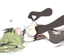 !? 1other ahe_gao anger_vein bare_shoulders black_gloves black_pantyhose blush bondage bondage bound breasts disembodied_limb dress elbow_gloves female gloves goseumgoseumdochi green_eyes green_hair highres hitachi_magic_wand honkai_(series) honkai_impact_3rd long_hair lying mobius_(honkai_impact) nipples on_back open_mouth pantyhose restrained sex_toy simple_background small_breasts solo_focus syringe tongue tongue_out torn_clothes torn_pantyhose v-shaped_eyebrows very_long_hair vibrator white_background white_dress