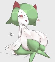 2d_(artwork) bra breasts breasts_bigger_than_head cute cute_face green_bra green_hair green_legs huge_breasts kir_kaori kirlia large_breasts pokemon pokemon_(species) red_eyes white_body white_breasts