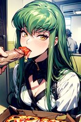 1boy 1boy1girl 1girls ai_failure ai_generated c.c. code_geass fellatio female funny green_hair licking_penis long_hair male mistake open_mouth oral oral_sex pepperoni pepperoni_on_penis pizza pizza_blowjob pizza_pov tongue_out yellow_eyes