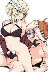 1boy 1boy1girl 1girls blonde_female blonde_hair blonde_hair_female brown_hair brown_hair_male childe_(genshin_impact) fanon_couple female genshin_impact handjob hoyoverse kbs_gk lumine_(genshin_impact) male mihoyo straight tartaglia_(genshin_impact)