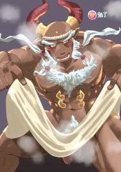 balls bara blush draph facial_hair flaccid ghandagoza granblue_fantasy horns male male_only muscles muscular musk nude penis seitora solo solo_male white_hair