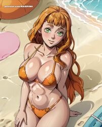 ai_art ai_generated anime_style beach big_ass big_breasts bikini female green_eyes happy happy_female karmino orange_bikini orange_hair outside viewed_from_above white_skin