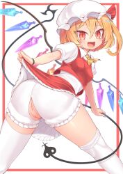 :d absurdres anus ascot blonde_hair bloomers blush border bracelet breasts cameltoe cleft_of_venus collared_shirt crotchless crotchless_bloomers crystal female flandre_scarlet frilled_skirt frills harunoha hat highres jewelry laevatein_(touhou) lifted_by_self looking_at_viewer mob_cap oerba_yun_fang one_side_up puffy_short_sleeves puffy_sleeves pussy red_border red_eyes red_skirt red_vest shirt short_hair short_sleeves skirt slit_pupils small_breasts smile thighhighs touhou variant_set vest white_background white_headwear white_shirt white_thighhighs wings yellow_ascot