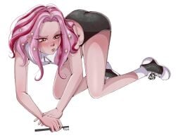 ass bent_over booty_shorts digimon digimon_adventure digimon_adventure_02 mimi_tachikawa on_floor pink_hair short_hair shorts