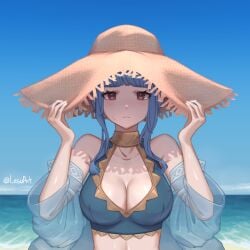 1girls absurdres alternate_costume bikini blue_bikini blue_hair blue_sky blue_swimsuit blunt_bangs blush breasts brown_eyes cleavage closed_mouth cloud collarbone commentary day english_commentary female female_only fire_emblem fire_emblem:_three_houses fire_emblem_heroes hat highres large_breasts lesu looking_at_viewer marianne_von_edmund marianne_von_edmund_(summer) nintendo ocean official_alternate_costume outdoors see-through see-through_sleeves sidelocks sky solo straw_hat sun_hat swimsuit twitter_username water