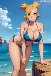 1girls ai_generated alex-schura aqua_bikini arched_back arm_support bare_legs bare_shoulders beach bent_over big_breasts bikini bikini_bottom bikini_top blonde_hair boruto:_naruto_next_generations collarbone curvaceous feet_out_of_frame female female_only front_view high_resolution huge_breasts legs_together looking_at_viewer mature mature_female midriff milf nai_diffusion naruto naruto_(series) ocean oppai pinup ponytail quad_tails revealing_swimsuit sand sea seaside skimpy skimpy_bikini smile solo solo_focus stable_diffusion teal_eyes temari voluptuous water watermark wide_hips