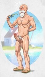 bald balls beard big_penis body_hair boner dragon_ball dragon_ball_z erection facial_hair hand_behind_back lovkuma male male_focus male_only master_roshi nude old_man penis sandals solo solo_male sunglasses sunglasses_removed white_hair