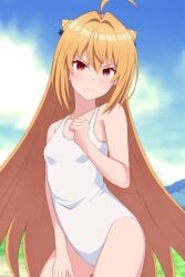 achmad_faisal ahoge blonde_hair blush breasts closed_mouth female hairbow hikikomari_kyuuketsuki_no_monmon long_hair looking_at_viewer outdoors red_eyes sky small_breasts solo swimsuit terakomari_gandezblood white_one-piece_swimsuit