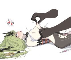 1other ahe_gao anger_vein bare_shoulders black_gloves black_pantyhose blush bondage bondage bound breasts disembodied_limb dress elbow_gloves female gloves goseumgoseumdochi green_eyes green_hair heart highres honkai_(series) honkai_impact_3rd long_hair lying mobius_(honkai_impact) nipples on_back open_mouth pantyhose restrained simple_background small_breasts solo_focus spoken_heart syringe tongue tongue_out torn_clothes torn_pantyhose v-shaped_eyebrows very_long_hair white_background white_dress