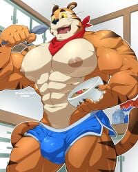 4:5 abs absurd_res anthro bandana blue_clothing blue_underwear bulge cereal claws clothing cutlery felid food frosted_flakes hi_res kellogg's kerchief kitchen_utensils maldu male male_only mammal mascot mascot_(species) muscular muscular_male nipples open_mouth pantherine solo spoon tiger tony_the_tiger tools underwear whiskers