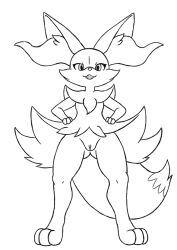 braixen furskirt generation_6_pokemon genitals hi_res katsurokurosaki looking_at_viewer low-angle_view monochrome nintendo open_mouth perspective pokemon pokemon_(species) presenting presenting_pussy pussy