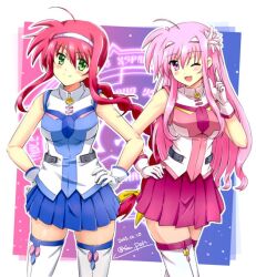 2girls amitie_florian blush braided_ponytail breasts closed_mouth gloves green_eyes hair_flower hairband hand_on_own_hip hands_on_own_hips kyrie_florian long_hair looking_at_viewer lyrical_nanoha mahou_shoujo_lyrical_nanoha_a's medium_breasts open_mouth pink_eyes pink_hair red_hair san-pon sfw smile thighhighs white_gloves white_thighhighs wink