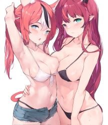 2girls :o armpits arms_around_partner bikini breasts_to_breasts cowboy_shot denim_shorts hakos_baelz hand_on_hip hips hololive hololive_english hololive_english_-council- hololive_english_-promise- irys large_breasts looking_at_viewer namiorii navel one_arm_up shorts virtual_youtuber wet_skin yuri