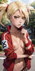 1girls ai_generated black_panties bleach breasts breasts_out exhibitionism female female_only freckles freckles_on_face frown hiyori_sarugaki jacket looking_at_viewer naked_under_clothes nipples open_clothes outdoors sarugaki_hiyori shiny_skin short_hair solo twintails yellow_hair