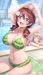 :d =w= armpits arms_up barefoot bikini blue_eyes blush cheerful curly_hair drill_hair emma_verde female flower_bracelet freckles frilled_bikini frills heart_sign huge_breasts konoe_kanata love_live! love_live!_nijigasaki_high_school_idol_club morros necklace rainbow smile swimsuit thick_thighs wariza