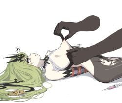 1other anger_vein bare_shoulders black_gloves black_pantyhose bondage bondage bound breasts disembodied_limb dress elbow_gloves female gloves goseumgoseumdochi green_eyes green_hair highres honkai_(series) honkai_impact_3rd long_hair lying mobius_(honkai_impact) nipples on_back open_mouth pantyhose restrained simple_background small_breasts solo_focus syringe torn_clothes torn_pantyhose v-shaped_eyebrows very_long_hair white_background white_dress