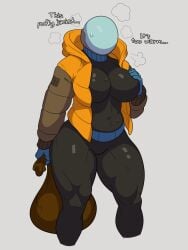 1girls belly belly_button big_breasts dialogue drifter_(risk_of_rain) faceless_character female female_only hand_on_breast helmet muscular_thighs risk_of_rain risk_of_rain_returns sweat thick_thighs unknown_artist