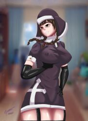 1girls braid breast_grab brown_eyes brown_hair clothed cross draga_(eddj) el_diario_de_jonathan elbow_gloves female garter_straps gloves grabbing_own_breast hand_on_hip indoors long_hair nipple_bulge nun smithe23 solo solo_female twin_braids twintails