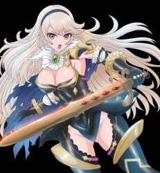 1girls alternate_costume angry armpits ass_visible_through_thighs aura bare_thighs black_background black_panties blonde_hair blue_aura boots breasts cape cleavage cleavage_cutout corrin_(female)_(nohr_noble)_(fire_emblem) corrin_(fire_emblem) corrin_(fire_emblem)_(female) female female_only fighting_stance fire_emblem fire_emblem_fates fire_emblem_heroes gloves hairband inner_thighs large_breasts long_hair looking_at_viewer manga_sakuga_(precure) nintendo official_alternate_costume open_mouth panties pose red_eyes solo sword thigh_boots thighs torn_clothes underwear very_long_hair weapon yato_(fire_emblem)