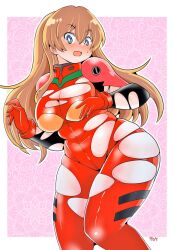 1girls asuka_langley_sohryu blush bodysuit breasts chubby_female cleavage embarrassed female hair_down human light-skinned_female light_skin long_hair neon_genesis_evangelion orange_hair pilot_suit plugsuit plump rebuild_of_evangelion skindentation solo thick_thighs torn_bodysuit toysikisizuoka wardrobe_malfunction