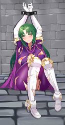 1girls angry armpits arms_up big_breasts bondage boots bound breasts breasts_out cape cecilia_(fire_emblem) cleavage elbow_gloves female female_focus female_only femsub fire_emblem fire_emblem:_the_binding_blade gloves green_eyes green_hair high_heels large_breasts long_hair looking_at_viewer mature mature_female nintendo nipple_slip nipples pantyhose restrained solo solo_focus tara_(szzj7733) thick_thighs thigh_boots torn_clothes very_long_hair