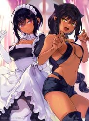 2girls :d braid cute_fang dark-skinned_female elbow_gloves female gloves jahy jahy_sama_wa_kujikenai! konbu_wakame large_breasts lilith_(saikin_yatotta_maid_ga_ayashii) looking_at_each_other maid maid_headdress paw_pose pointy_ears saikin_yatotta_maid_ga_ayashii short_shorts shorts tagme thighhighs