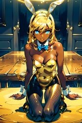 ai_generated ai_hands artist_request black_pantyhose blonde_hair blue_bowtie blue_eyes bunny_ears bunny_ears_headband bunnysuit cuff_links cuffs_(clothing) dark_skin detached_collar fake_bunny_tail fancy front_view gold_bunny_(floppyudon95) gold_bunnysuit gold_hair gold_high_heels gold_leotard hands_on_table kneeling kneeling_on_table light_blue_eyes long_hair looking_at_viewer original shirt_collar smile smiling smiling_at_viewer spotlight strapless_leotard wooden_table