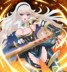 1girls alternate_costume angry armpits ass_visible_through_thighs aura bare_thighs black_panties blonde_hair blue_aura boots breasts cape cleavage cleavage_cutout corrin_(female)_(nohr_noble)_(fire_emblem) corrin_(fire_emblem) corrin_(fire_emblem)_(female) female female_only fighting_stance fire_emblem fire_emblem_fates fire_emblem_heroes gloves hairband inner_thighs large_breasts long_hair looking_at_viewer manga_sakuga_(precure) nintendo official_alternate_costume open_mouth panties pose red_eyes solo sword thigh_boots thighs torn_clothes underwear very_long_hair weapon yato_(fire_emblem)