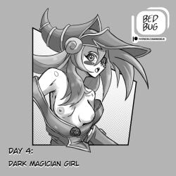 bedbug_(artist) cute dark_magician_girl duel_monster flat_chest greyscale magician small_breasts witch witch_hat wizard_hat