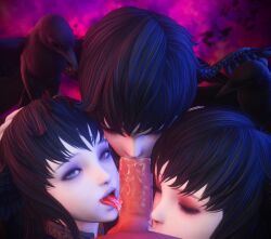 1boy 3d 3girls black_hair blowjob cock_worship collaborative_fellatio color colored cooperative_fellatio fellatio female female_focus fffm_foursome final_fantasy final_fantasy_xiv foursome full_color head_wings humanoid kayuri licking licking_penis looking_at_viewer meteion oral oral_sex pale-skinned_female pale_skin saliva saliva_drip sucking sucking_balls sucking_penis sucking_testicles triple_fellatio winged_humanoid