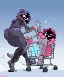 2girls ass big_ass bow butt cart chug_jug fortnite joshopaisen motion_lines purple_hair raven_team_leader shield_potion shopping_cart wheels