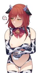 absurdres animal_ears animal_print bell breasts cow_ears cow_girl cow_horns cow_print cow_print_thighhighs cup elbow_gloves embarrassed ensemble_stars! facing_viewer female genderswap_(mtf) gloves highres holding holding_cup horns looking_to_the_side lummy_yummy medium_breasts multicolored_hair natsume_sakasaki neck_bell nipples red_hair rule_63 sakasaki_natsume short_hair_with_long_locks solo spoken_blush white_background white_hair yellow_eyes