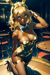 ai_generated artist_request blonde_hair blue_bowtie blue_eyes bunny_ears bunny_ears_headband bunnysuit chandelier club cuff_links cuffs_(clothing) dark_skin detached_collar drawstring fake_bunny_tail gold_bunny_(floppyudon95) gold_bunnysuit gold_hair gold_high_heels gold_leotard hand_in_hair hand_on_own_ass indifferent kneeling kneeling_on_table looking_at_viewer original shirt_collar short_hair silhouettes strapless_leotard wavy_hair white_stockings