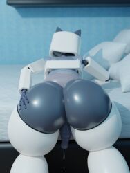 3:4 3d_(artwork) anthro bed bedroom bent_over bent_over_bed bodily_fluids cum digital_media_(artwork) furniture genital_fluids genitals glistening glistening_body hi_res inside kolajo leaking_cum machine male not_furry penis rear_view robot solo thick_thighs unusual_anatomy unusual_genitalia unusual_penis