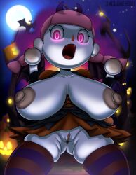 1girls 2023 animal_crossing areolae bat bat_wings big_breasts breasts costume dress exposed_breasts exposed_pussy eyelashes fangs female female_only glowing_eyes halloween halloween_costume horns huge_breasts human human_only incogneato jack-o'-lantern massive_breasts moon night nintendo nipples no_panties open_mouth outside pale_skin pink_eyes pink_hair pumpkin striped_legwear thighhighs tongue twintails villager_(animal_crossing) wings