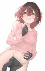 9tk9m alternate_costume ass_visible_through_thighs blush brown_hair clothes_tug female gradient_hair hair_between_eyes highres hololive hololive_gen_0 hololive_japan looking_at_viewer medium_hair multicolored_hair navel pink_sweater pussy roboco-san robot_girl smile solo sweater sweater_tug thigh_gap virtual_youtuber white_background yellow_eyes