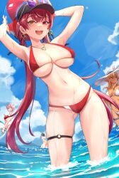 4girls :d beach beach_ball bikini excited floatie happy hololive hololive_fantasy hololive_gen_2 hololive_japan holox houshou_marine large_breasts necklace ocean oozora_subaru partially_submerged shiranui_flare skindentation summer swimsuit takane_lui thigh_strap virtual_youtuber wet_body wet_skin