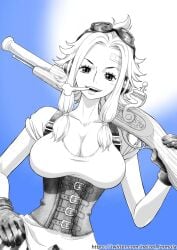 bandaid bone bone_in_mouth corset female female_only ginny_(one_piece) gloves goggles_on_head gun happy happy_female headphones hourglass_figure large_breasts looking_at_viewer milf nel-zel_formula one_piece one_piece:_egghead_arc rifle shoulder_length_hair slim_waist smile smiling_at_viewer tagme