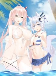 2girls animal_ears bikini blue_skirt blue_sky breasts day elf fox_ears fox_girl fox_tail hair_ornament highres large_breasts looking_at_viewer multiple_girls nakamura_nagare navel ocean original pink_hair pointy_ears skirt sky smile striped striped_bikini swimsuit tail water white_bikini white_hair yellow_eyes yin_yang