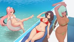 3girls barefoot bikini black_hair breasts brown_hair cinder_fall cleavage dark-skinned_female emerald_sustrai female female_only green_bikini green_hair hair_over_one_eye heterochromia innertube kuroonehalf long_hair medium_hair multicolored_hair navel neo_(rwby) pink_hair pool poolside red_bikini red_eyes rwby short_hair strapless_bikini underboob villain white_bikini