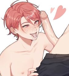 2boys big_penis black_pants blush cum cum_in_mouth cum_on_face earrings erection gay heart heart_in_eye highres jewelry lummy_yummy male_focus maruyama_reo multiple_boys pants paradox_live pink_eyes pink_hair short_hair symbol_in_eye tongue tongue_out topless_male white_background yaoi