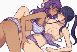 2girls blue_hair blush bra closed_eyes dark-skinned_female dark_skin ensemble_stars! fingering genderswap_(mtf) highres kanzaki_souma long_hair lummy_yummy multiple_girls open_mouth otogari_adonis panties ponytail purple_bra purple_hair purple_panties rule_63 saliva saliva_trail tongue tongue_out underwear yuri